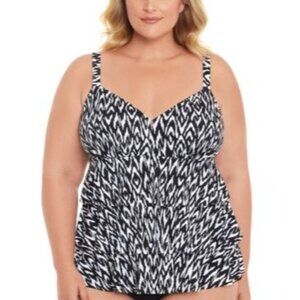 Swim Solutions Mod Eclectic Tummy-Control One-Piece Fauxkini Swimsuit Black 22W
